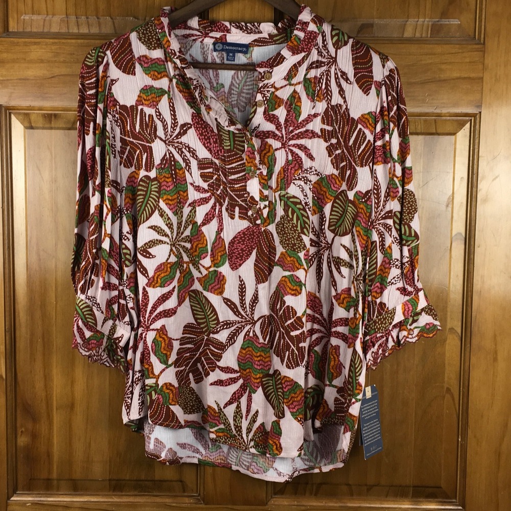 Democracy Womens M Tropical Leaf Print Henley Blouse Pink Peasant Boho Earthy